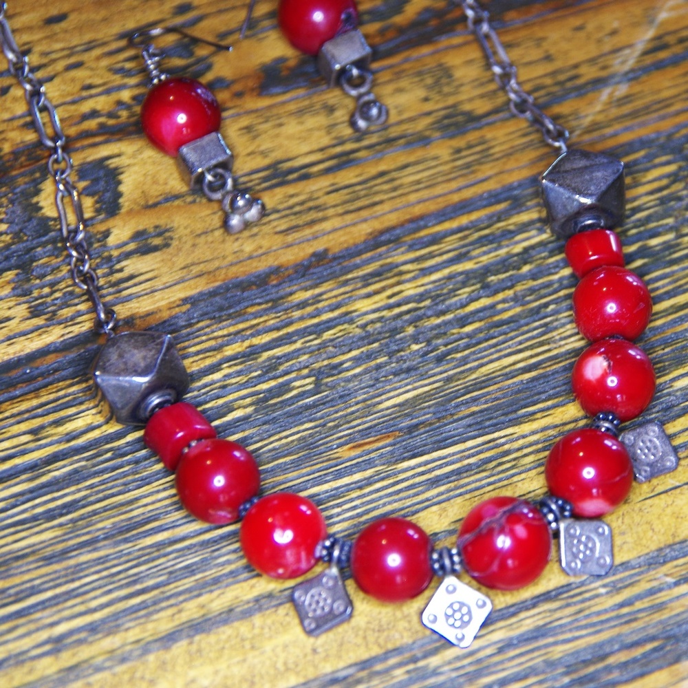 Red Coral and Silver Charm Necklace w earrings
